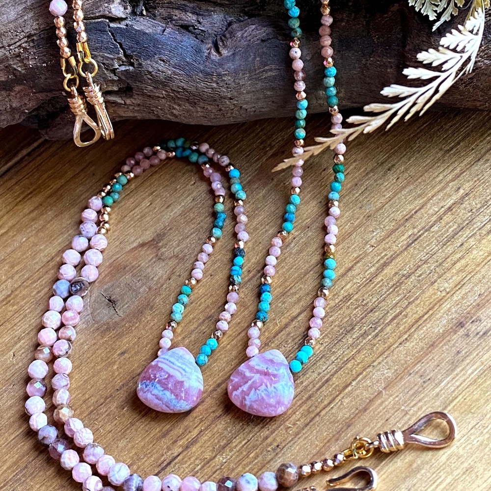 Genuine Rhodochrosite with Natural Turquoise Necklace 18K Plated Gold
